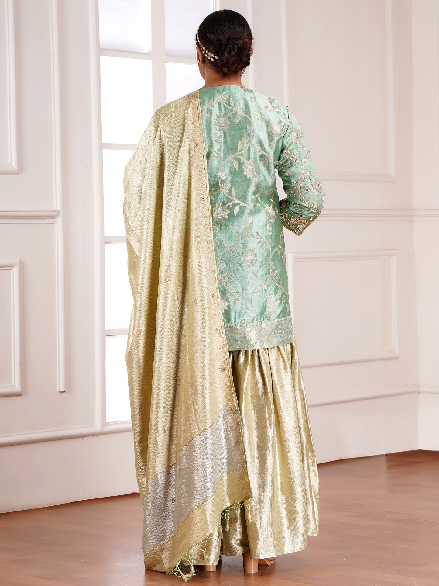 Green Chiniya & Crush Tissue Silk Embroidered Garara Set