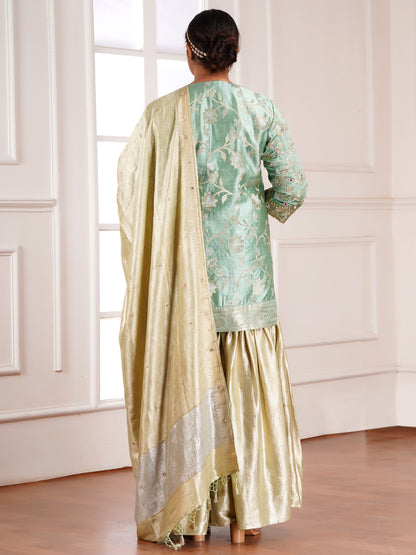 Green Chiniya & Crush Tissue Silk Embroidered Garara Set