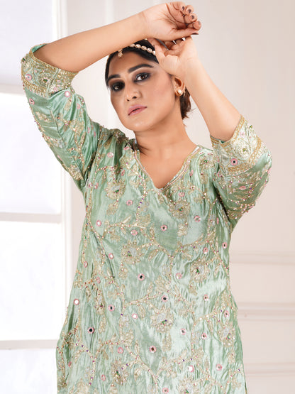 Green Chiniya & Crush Tissue Silk Embroidered Garara Set
