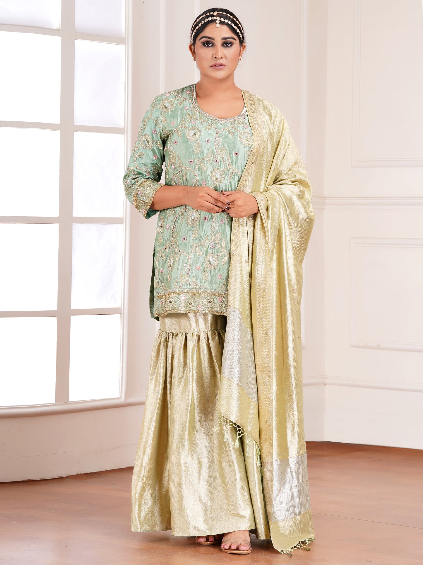 Green Chiniya & Crush Tissue Silk Embroidered Garara Set