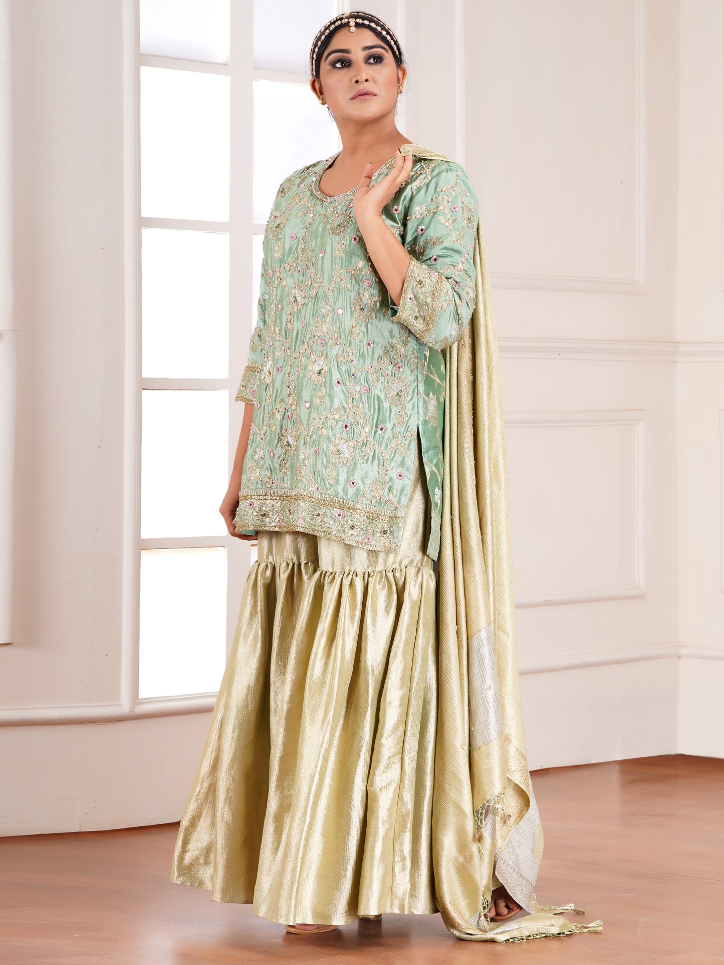 Green Chiniya & Crush Tissue Silk Embroidered Garara Set
