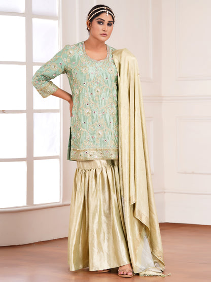 Green Chiniya & Crush Tissue Silk Embroidered Garara Set