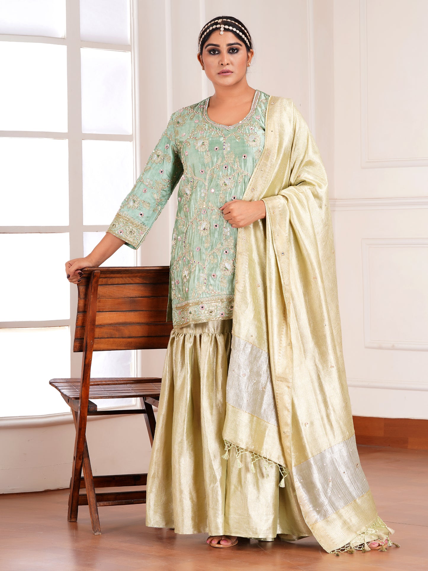 Green Chiniya & Crush Tissue Silk Embroidered Garara Set