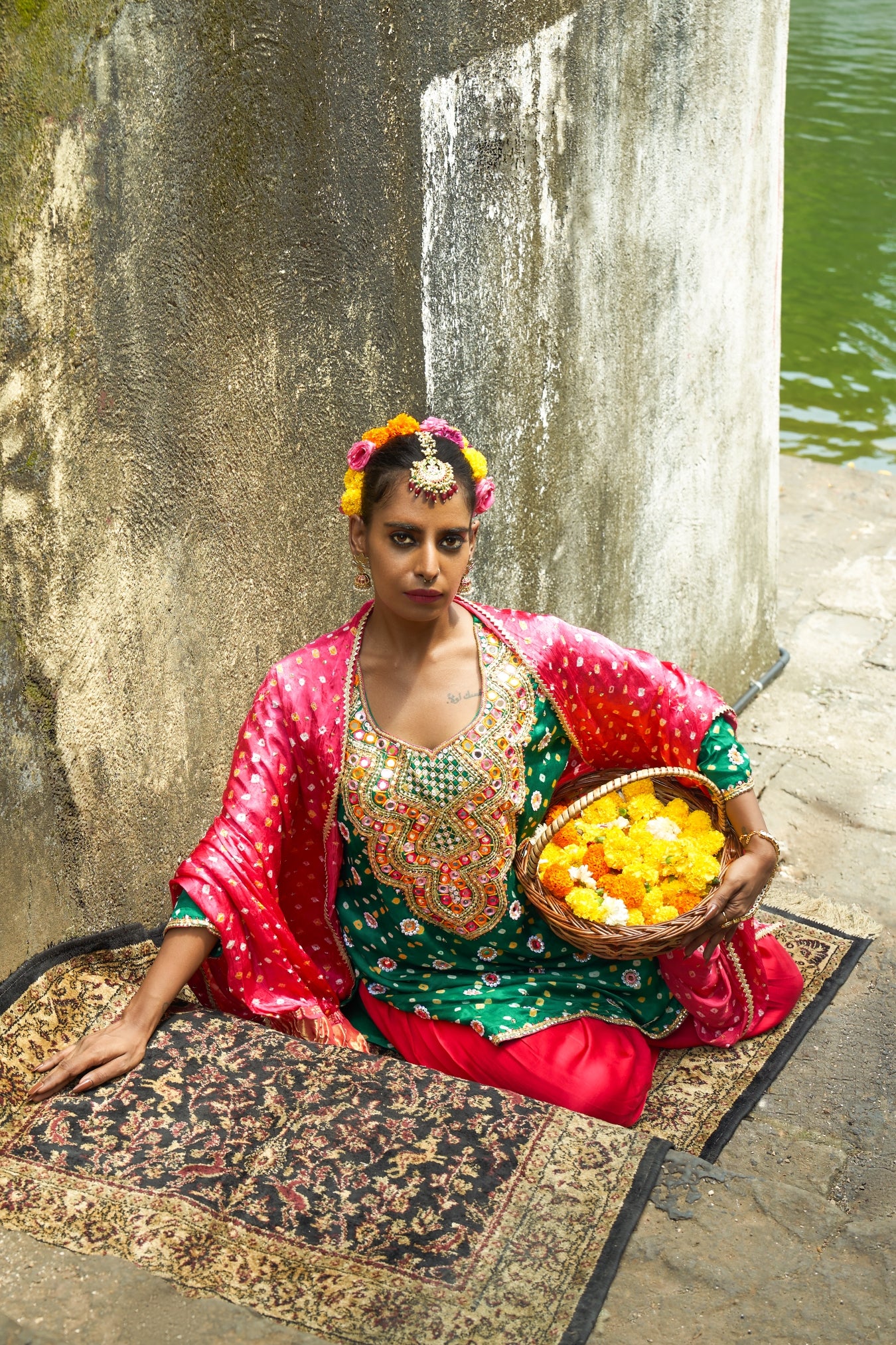 Green Scallop Kurta Set