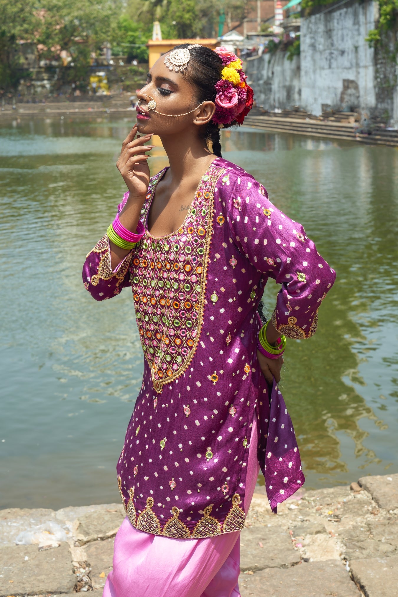 Purple Yoke Kurta Set