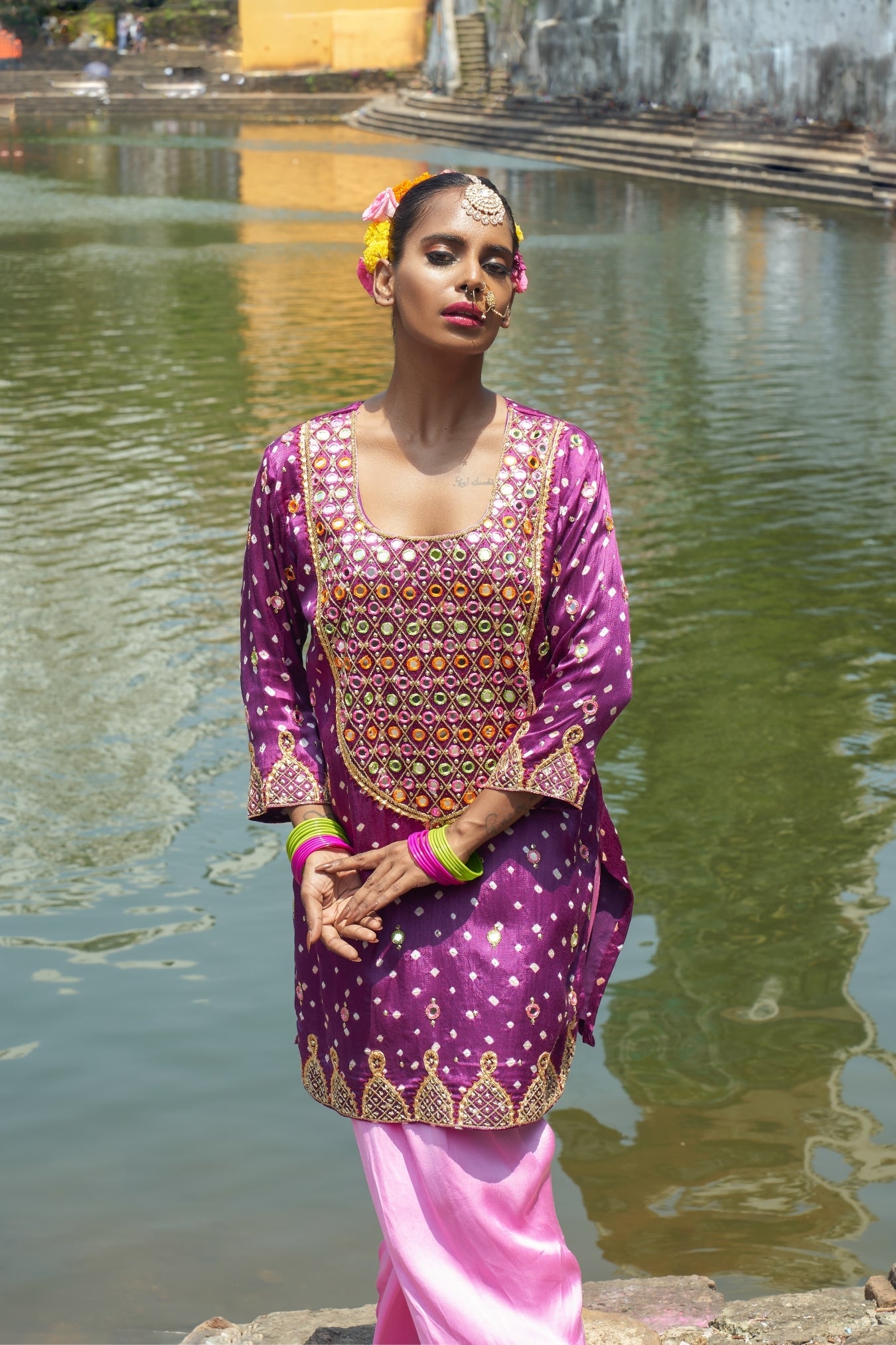 Purple Yoke Kurta Set