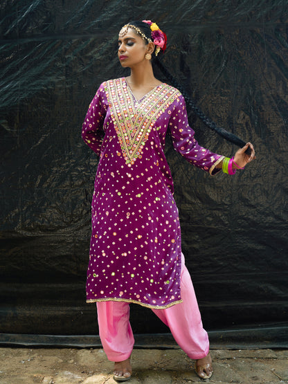 Purple V Neck Kurta Set