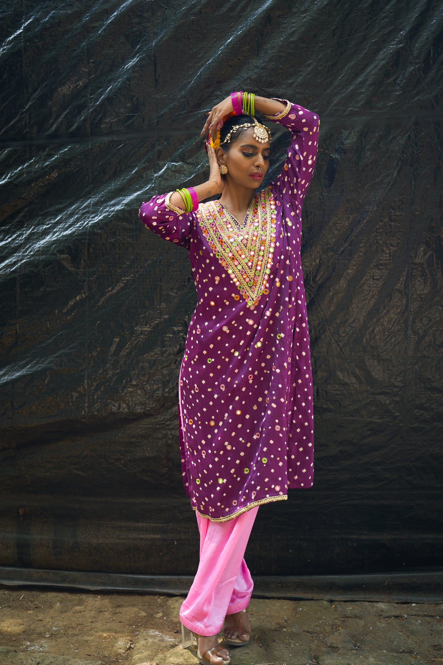 Purple V Neck Kurta Set