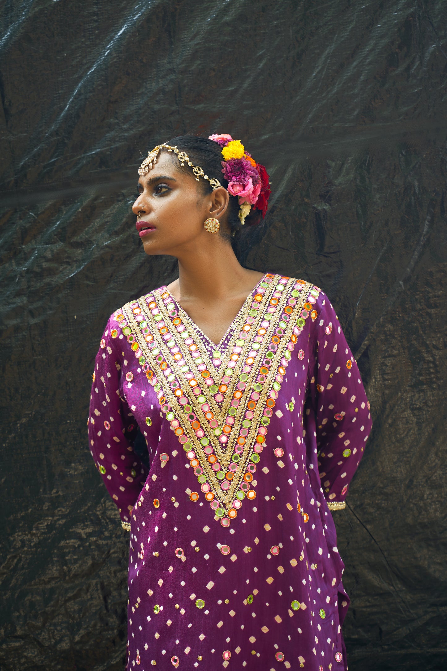 Purple V Neck Kurta Set