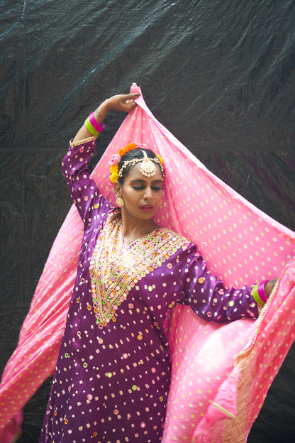 Purple V Neck Kurta Set