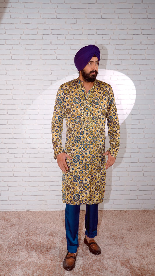 Cream Ajrakh Embroidered Silk Kurta Set