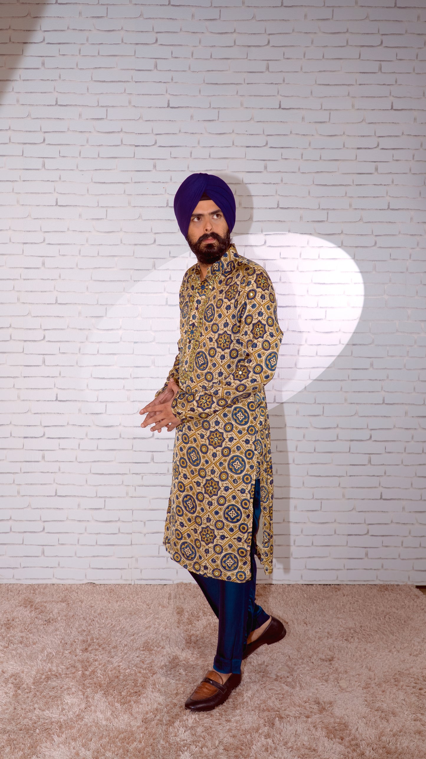 Cream Ajrakh Embroidered Silk Kurta Set