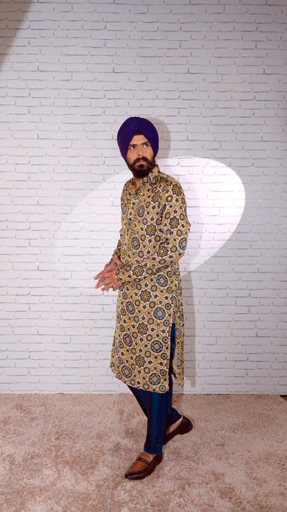 Cream Ajrakh Embroidered Silk Kurta Set