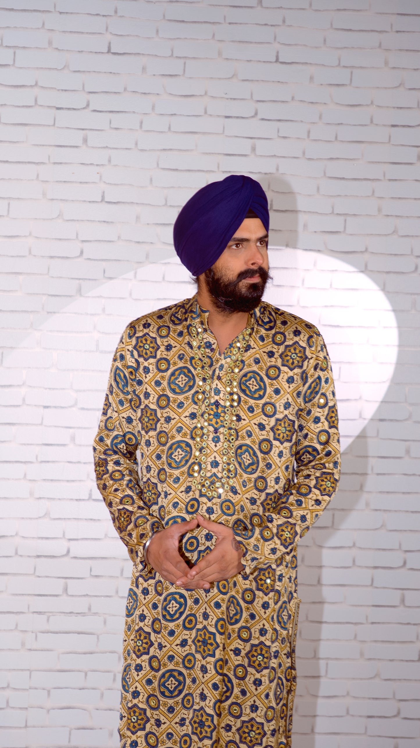 Cream Ajrakh Embroidered Silk Kurta Set