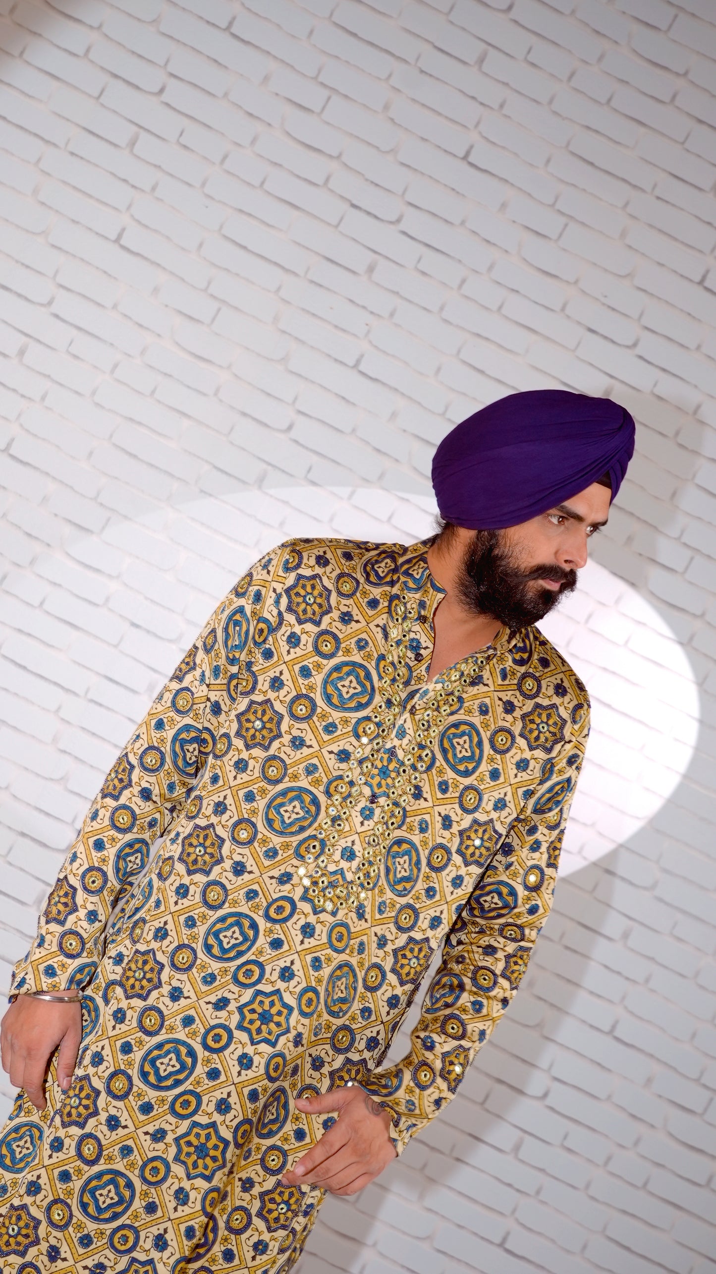 Cream Ajrakh Embroidered Silk Kurta Set