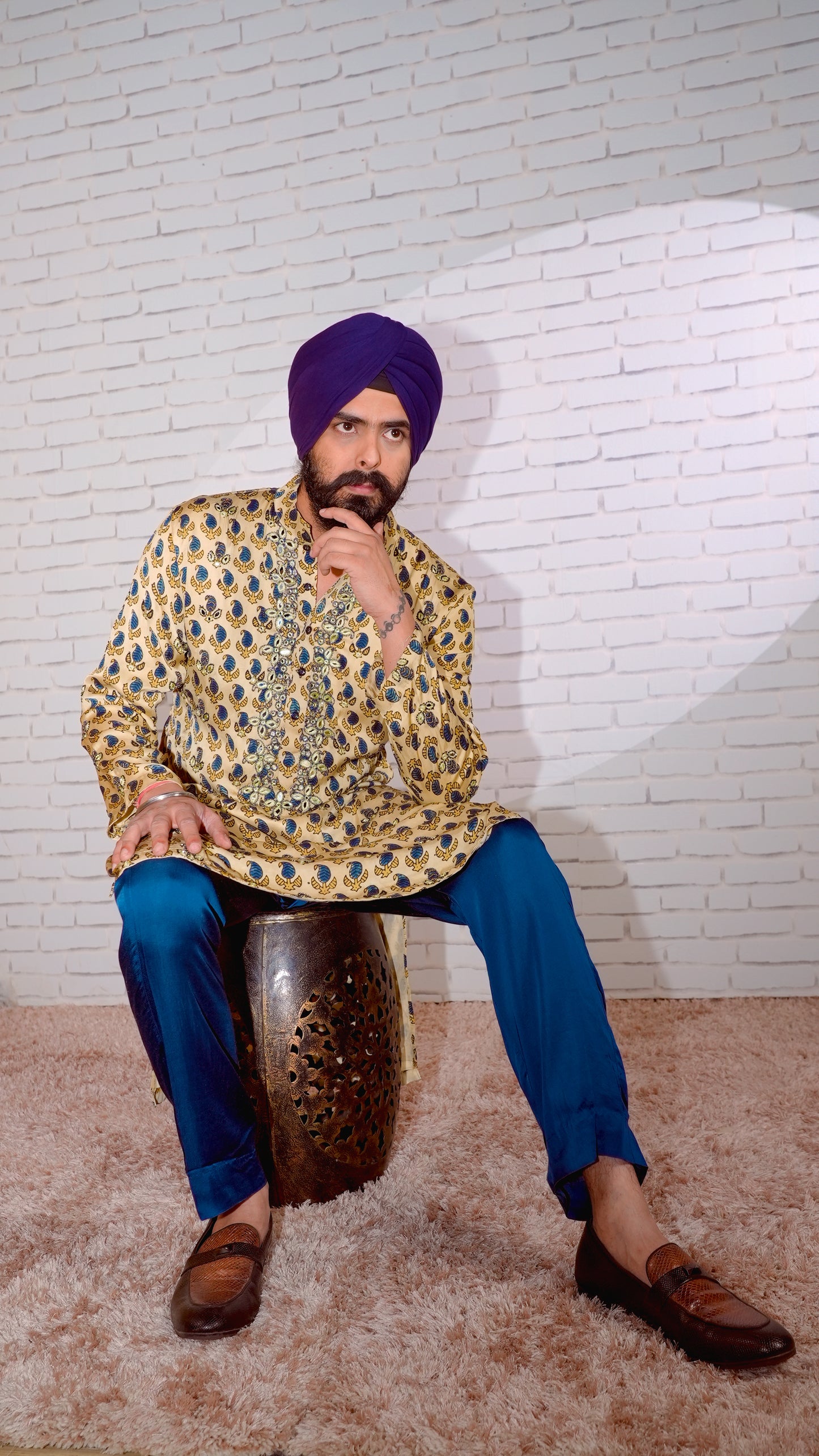 Cream Embroidered Silk Kurta Set