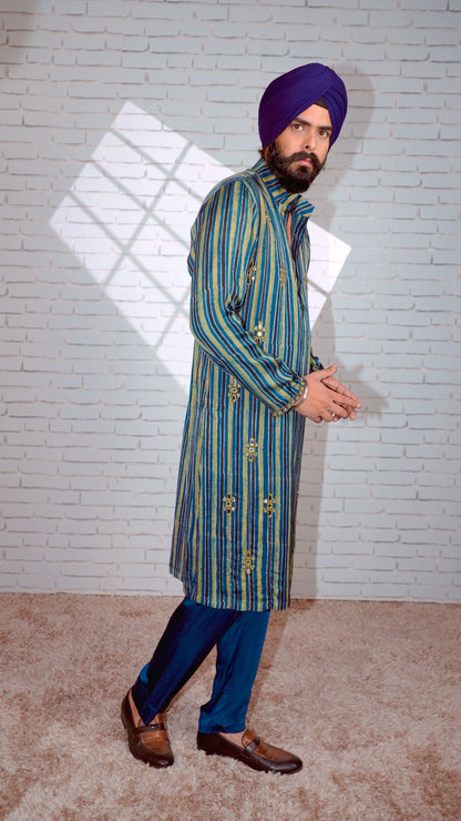 Blue Ajrakh Embroidered Silk Kurta Set