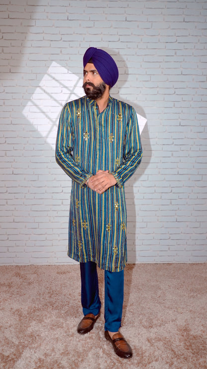 Blue Ajrakh Embroidered Silk Kurta Set