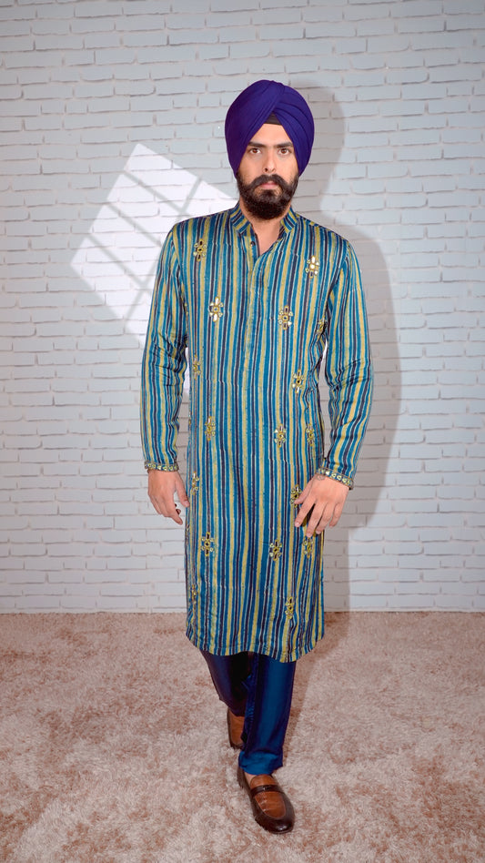 Blue Ajrakh Embroidered Silk Kurta Set