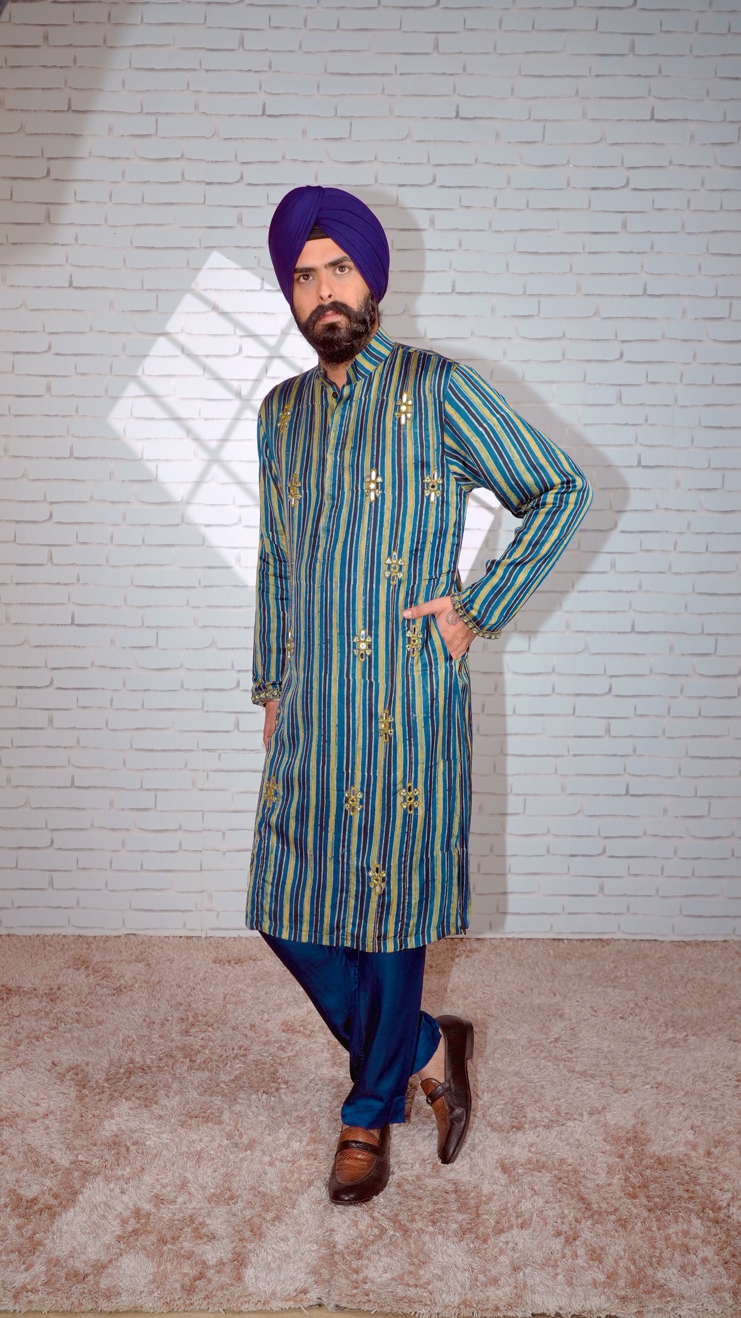 Blue Ajrakh Embroidered Silk Kurta Set
