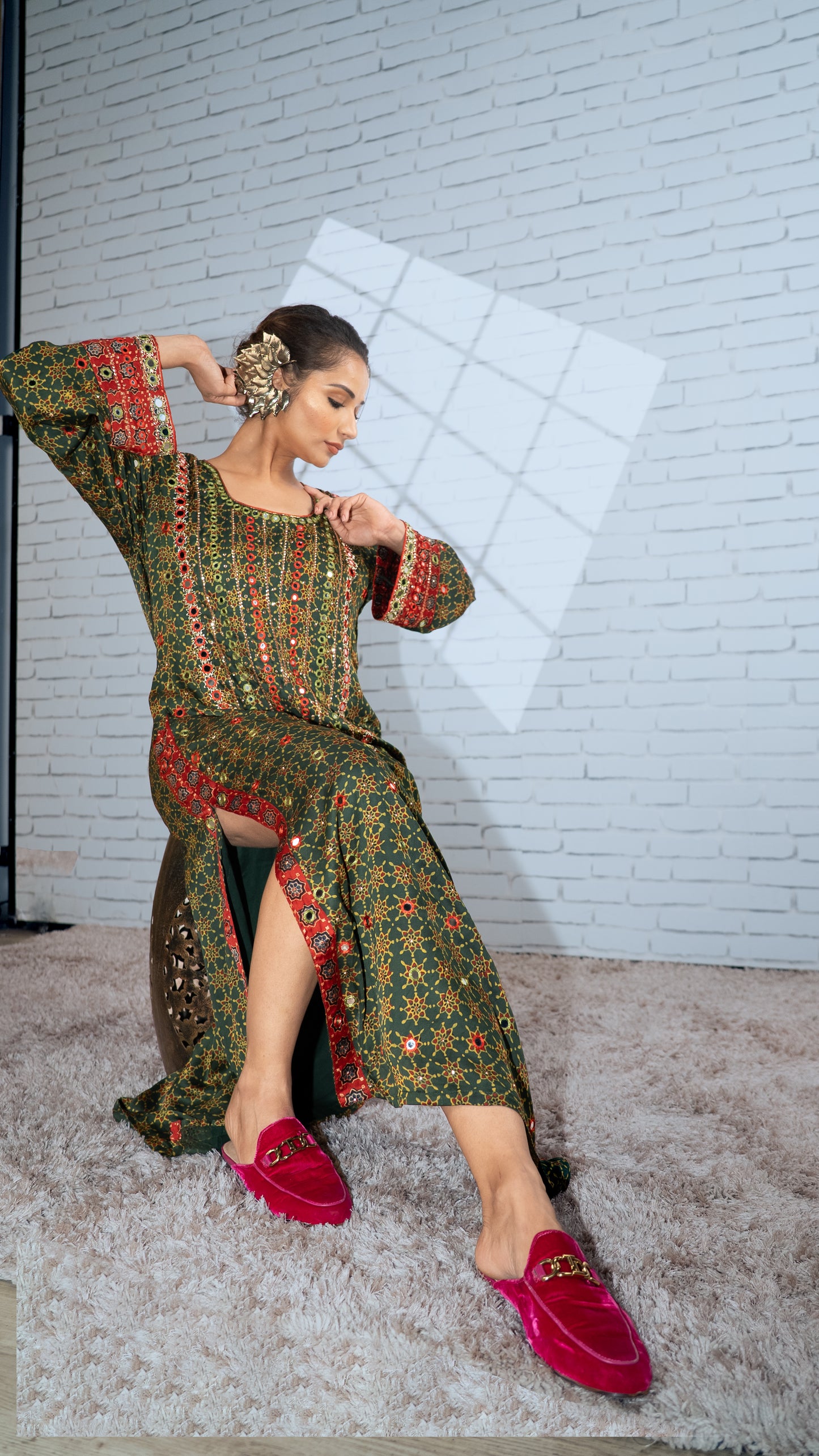 Green Ajrakh Kaftan Kurta