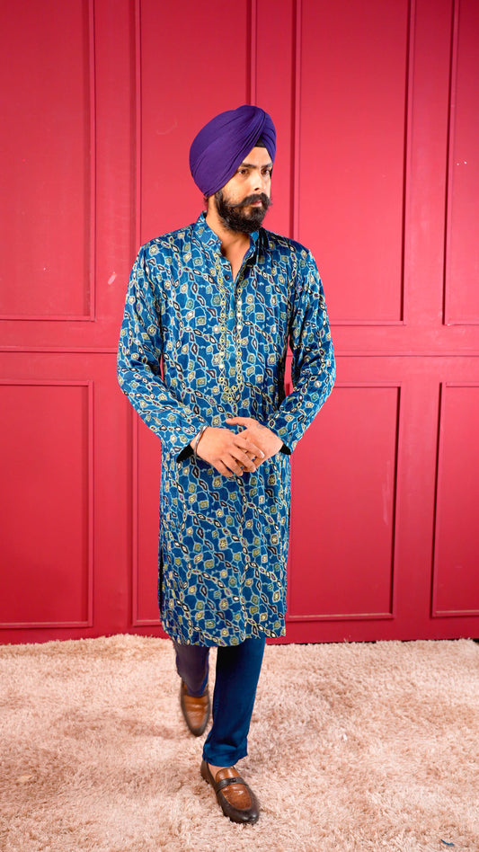 Blue Ajrakh Embroidered Silk Kurta Set