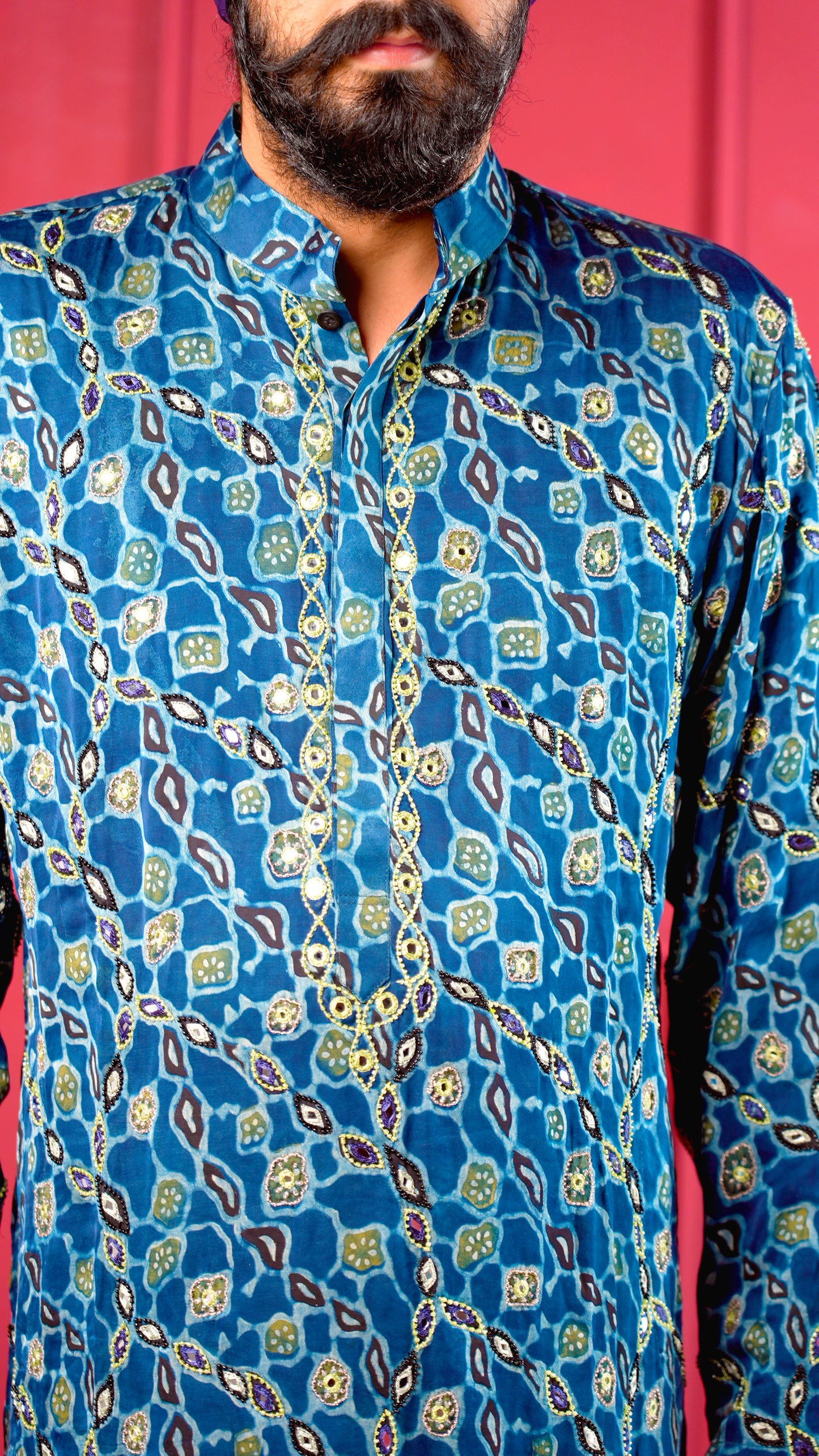 Blue Ajrakh Embroidered Silk Kurta Set