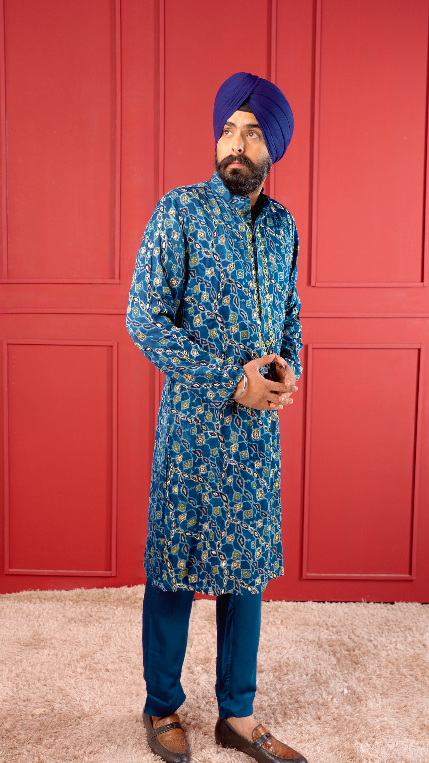 Blue Ajrakh Embroidered Silk Kurta Set