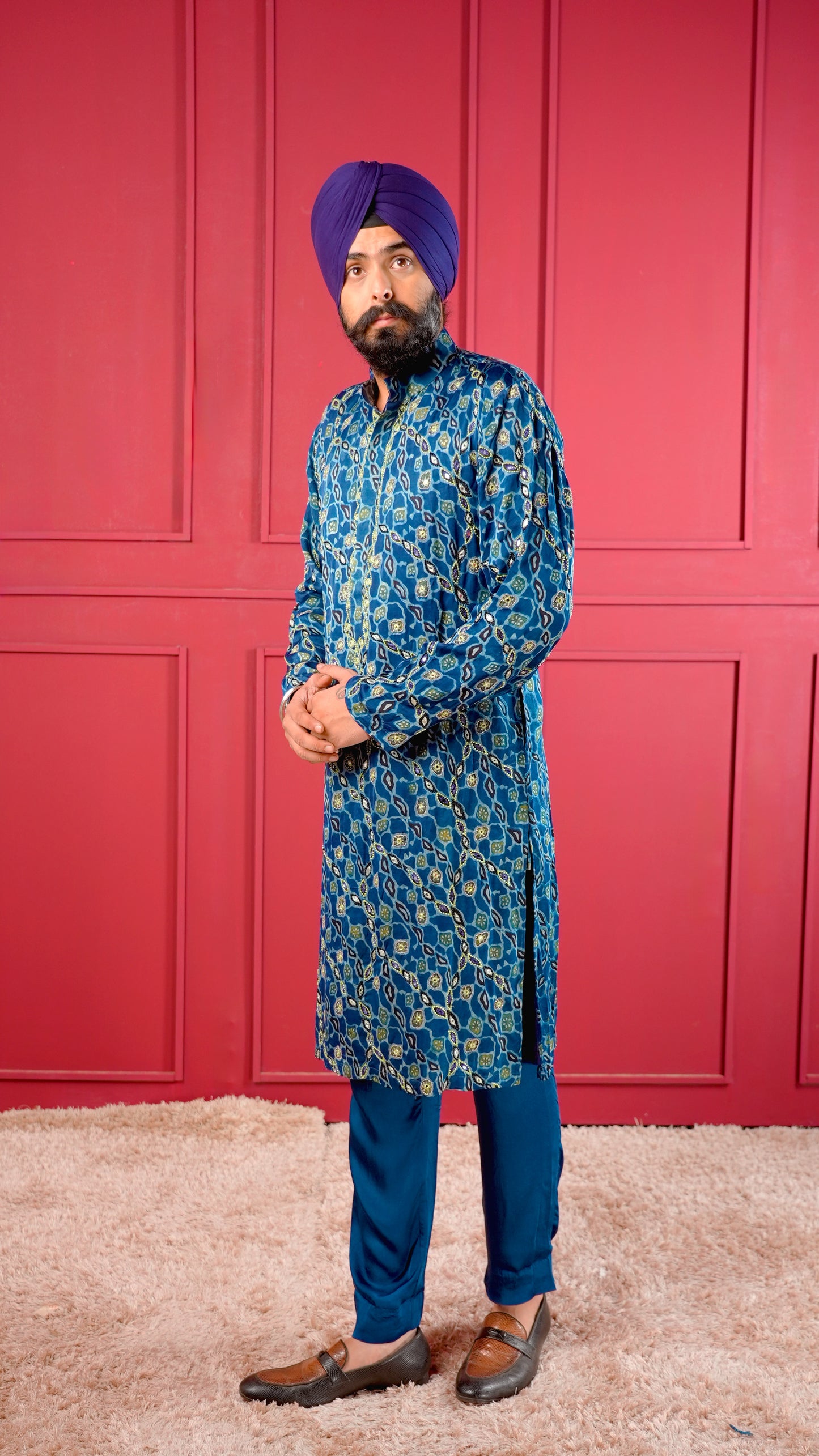 Blue Ajrakh Embroidered Silk Kurta Set