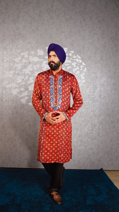 Red Ajrakh Embroidered Silk Kurta Set