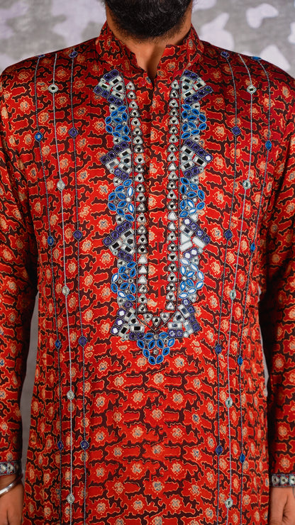 Red Ajrakh Embroidered Silk Kurta Set