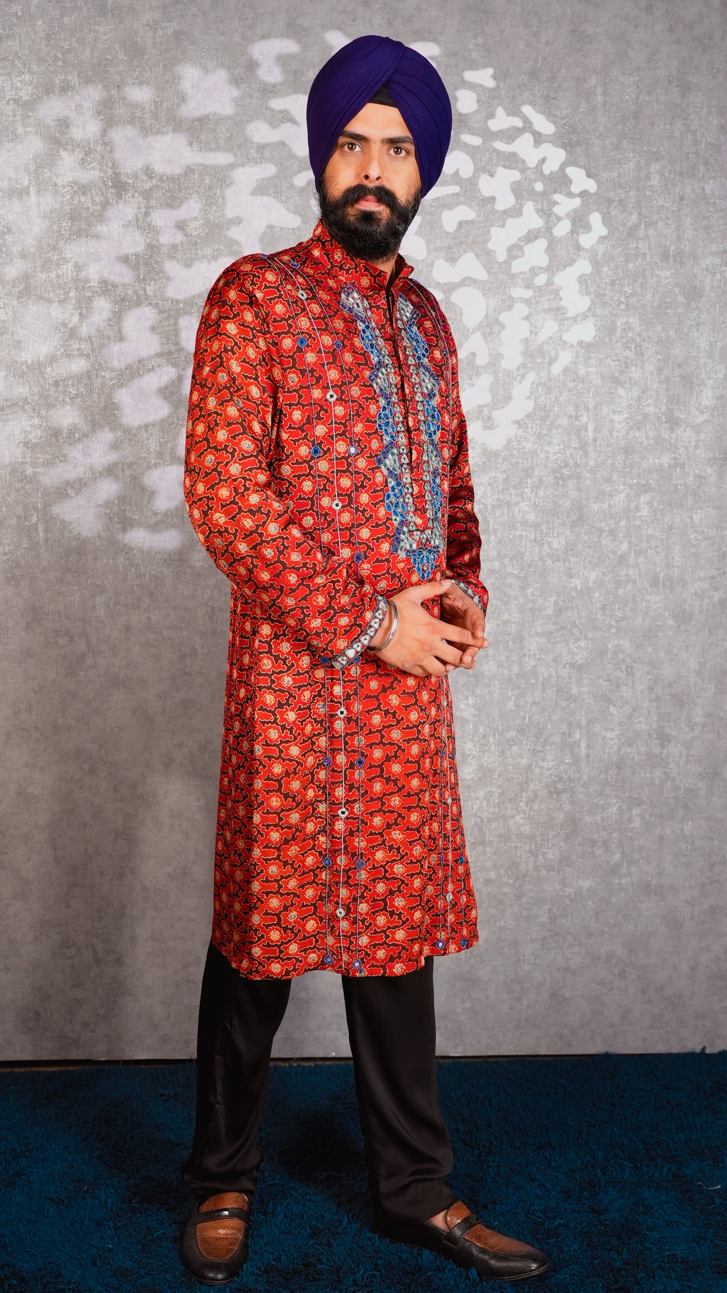 Red Ajrakh Embroidered Silk Kurta Set