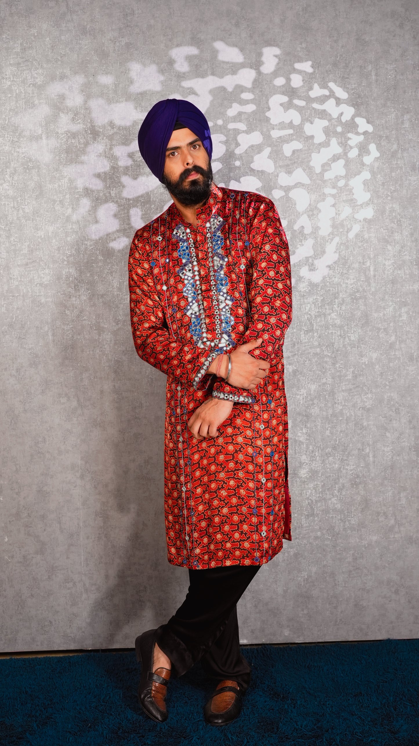 Red Ajrakh Embroidered Silk Kurta Set