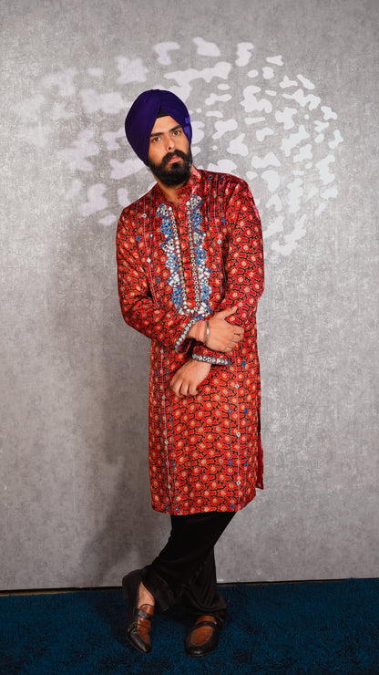 Red Ajrakh Embroidered Silk Kurta Set