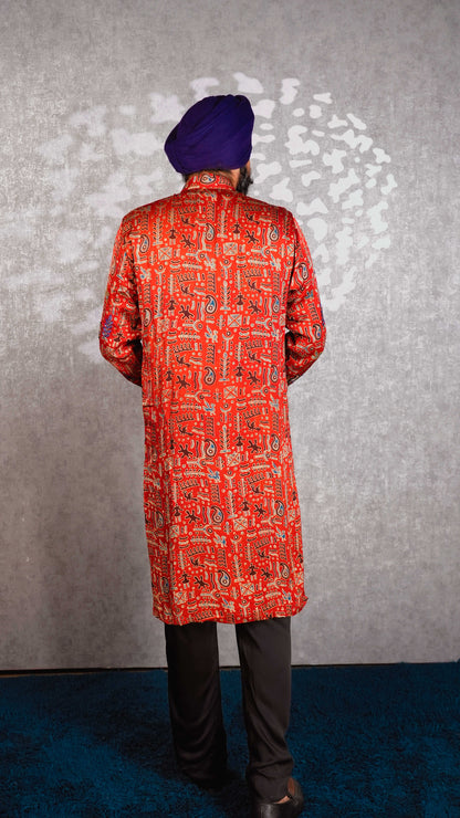 Red Ajrakh Embroidered Silk Kurta Set