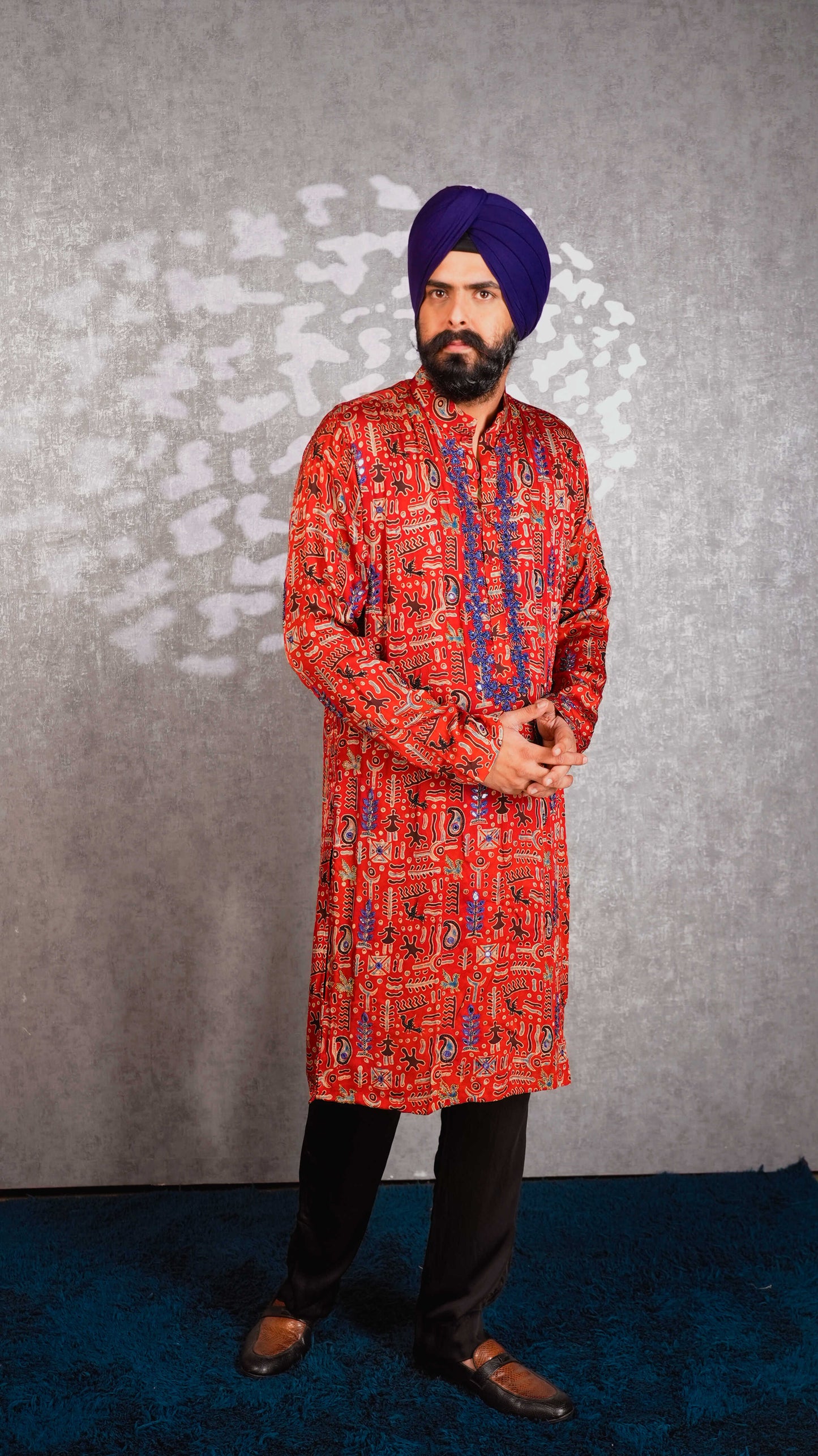 Red Ajrakh Embroidered Silk Kurta Set