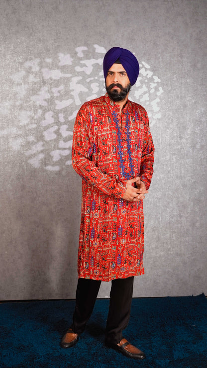 Red Ajrakh Embroidered Silk Kurta Set
