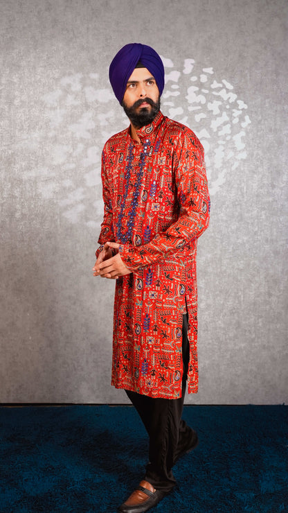 Red Ajrakh Embroidered Silk Kurta Set