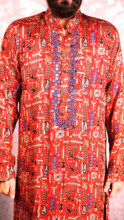 Red Ajrakh Embroidered Silk Kurta Set