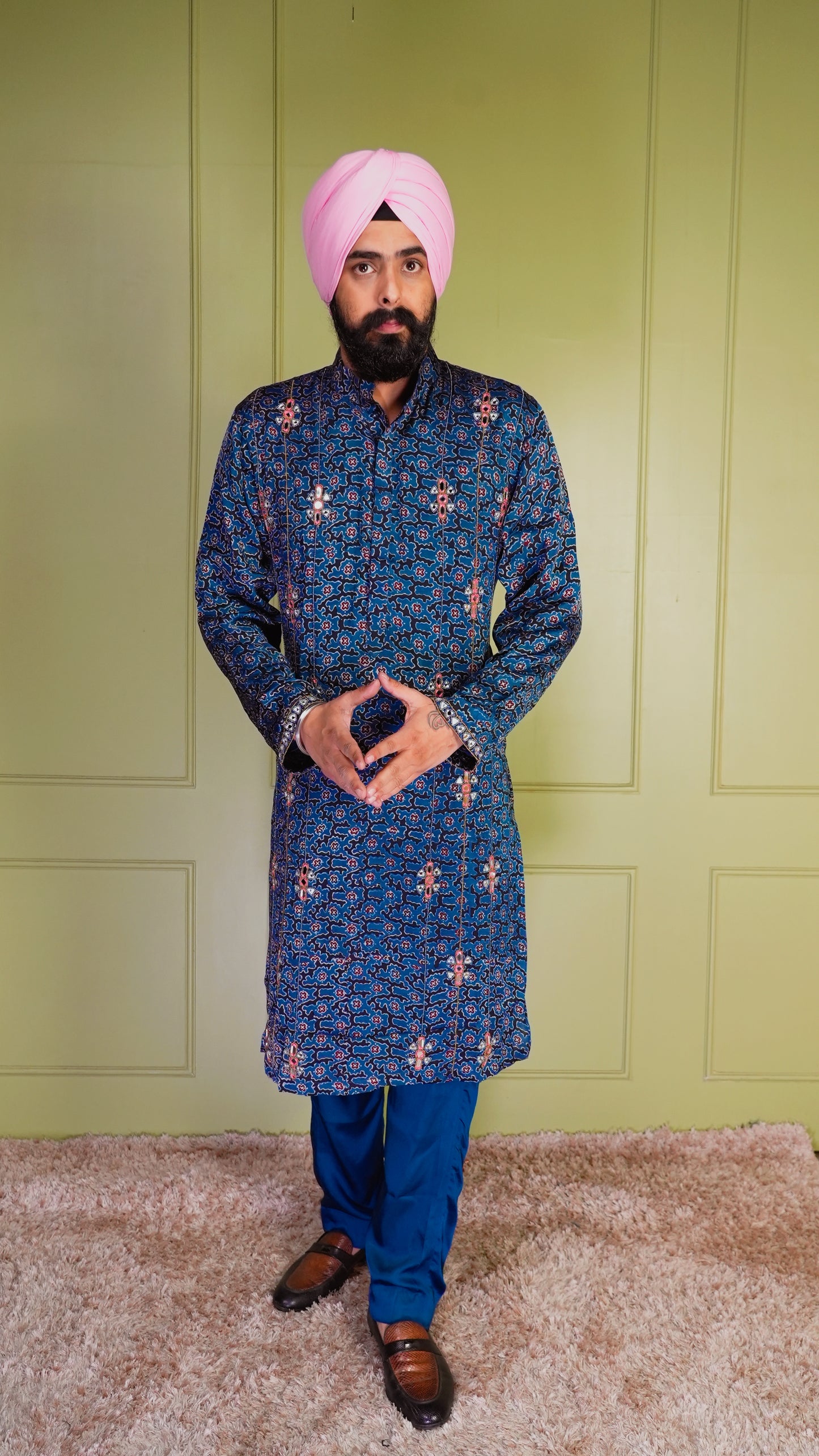 Blue Ajrakh Embroidered Silk Kurta Set