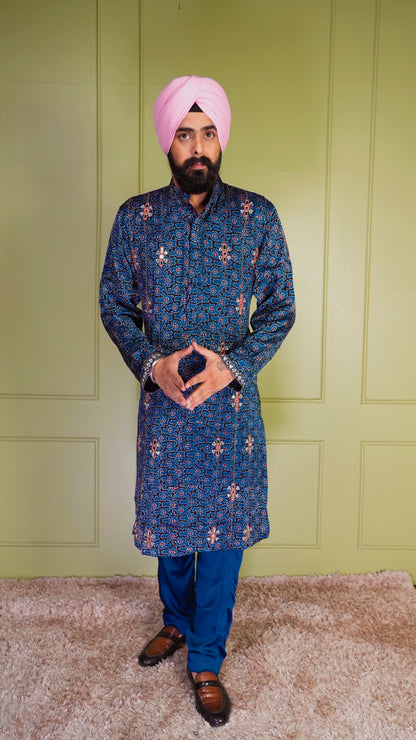 Blue Ajrakh Embroidered Silk Kurta Set