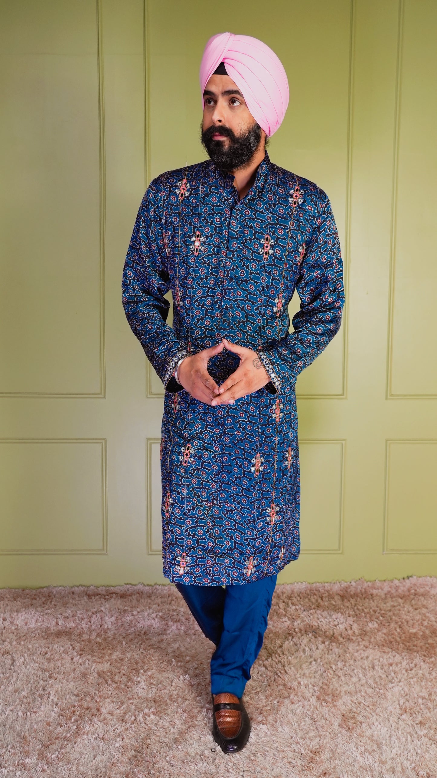 Blue Ajrakh Embroidered Silk Kurta Set