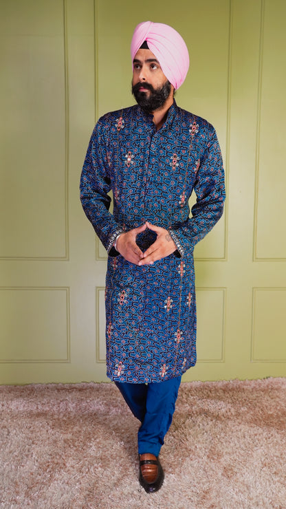 Blue Ajrakh Embroidered Silk Kurta Set