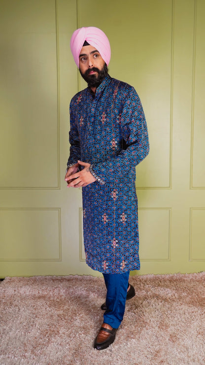 Blue Ajrakh Embroidered Silk Kurta Set