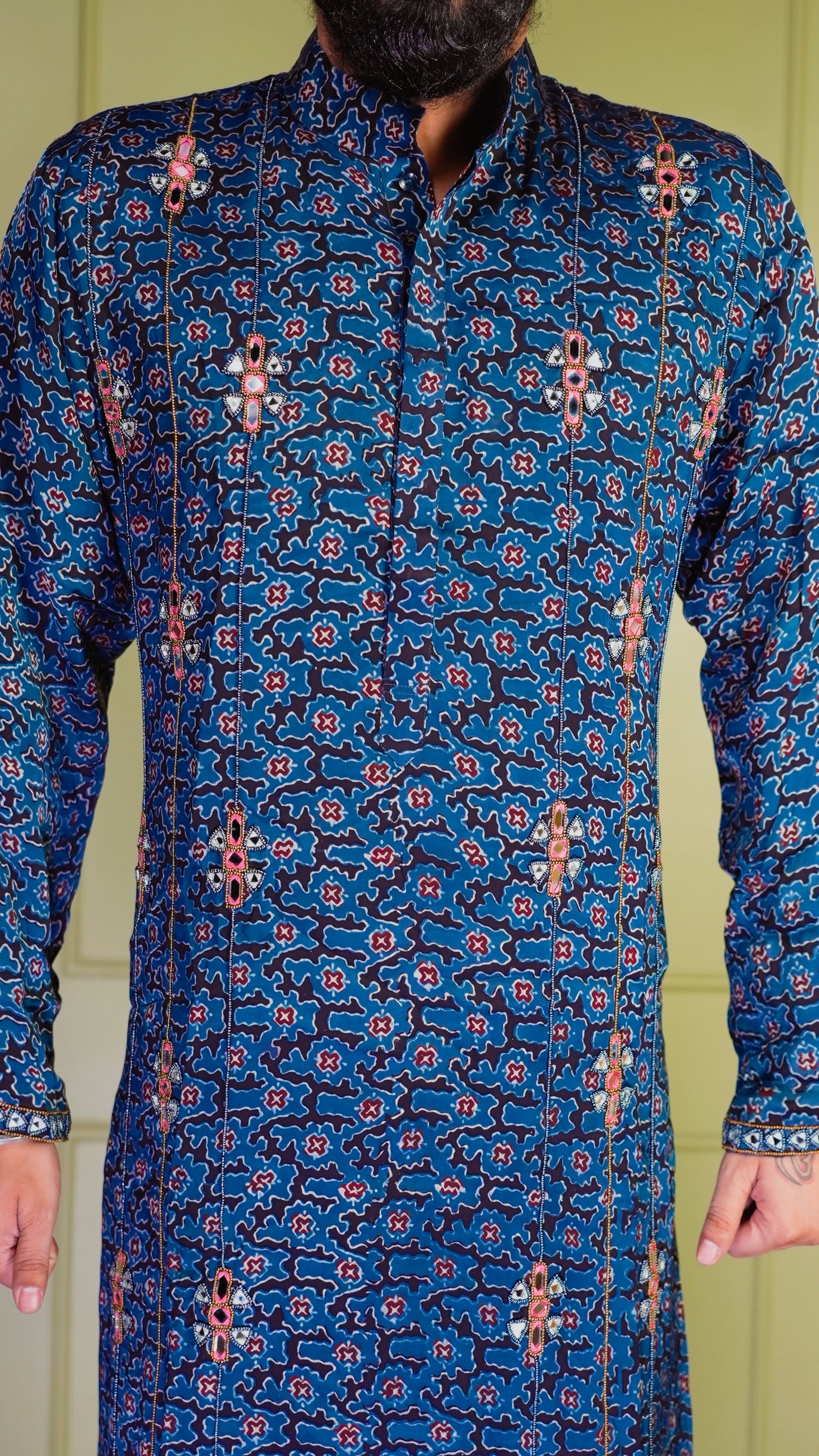 Blue Ajrakh Embroidered Silk Kurta Set