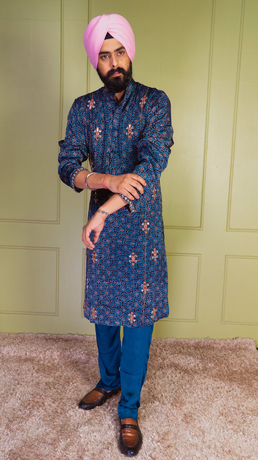 Blue Ajrakh Embroidered Silk Kurta Set