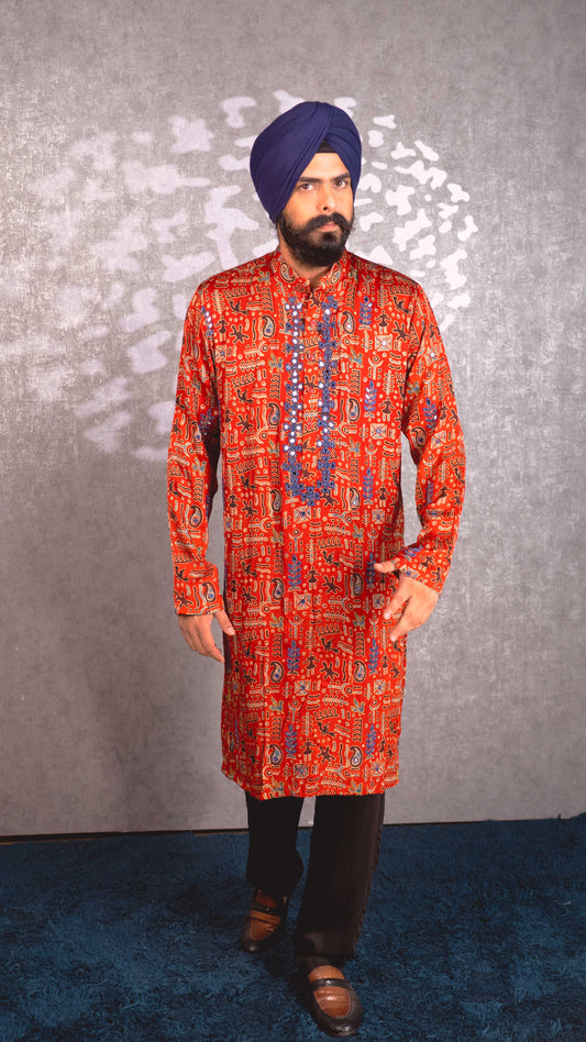 Red Ajrakh Embroidered Silk Kurta Set