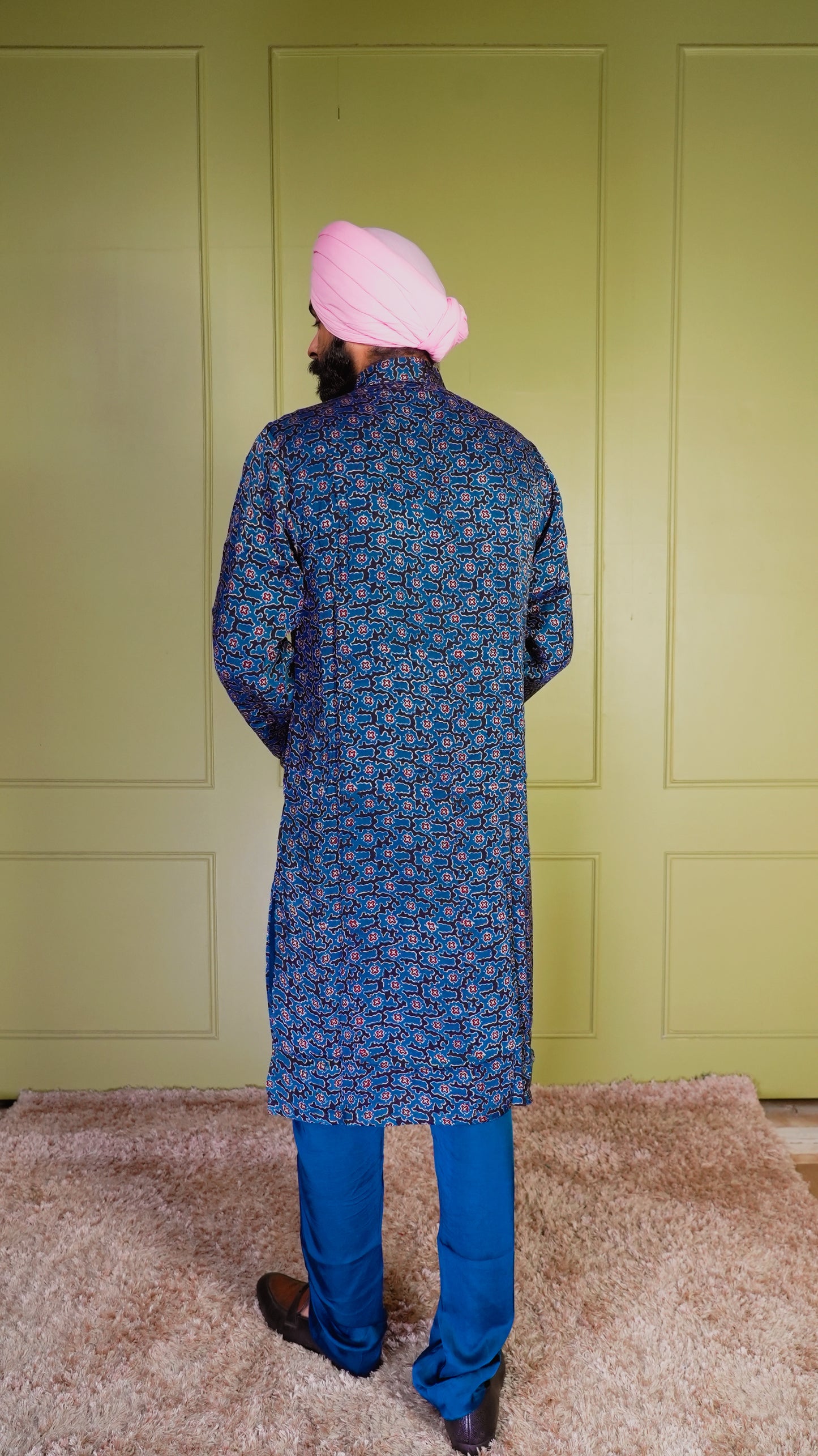 Blue Ajrakh Embroidered Silk Kurta Set