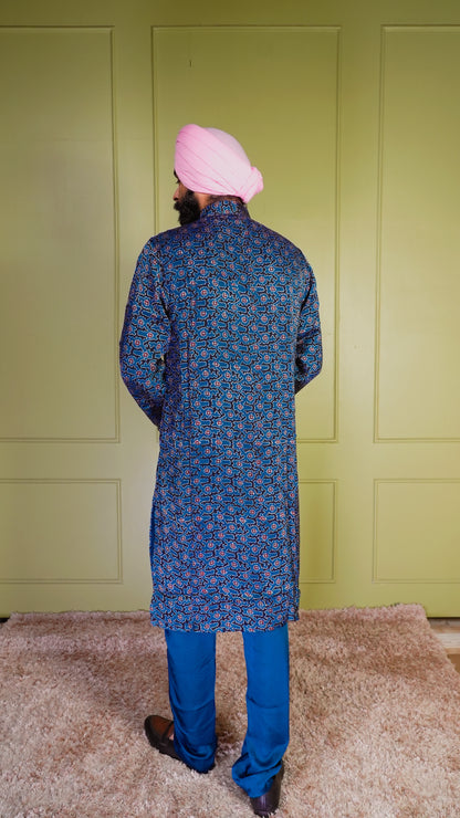 Blue Ajrakh Embroidered Silk Kurta Set