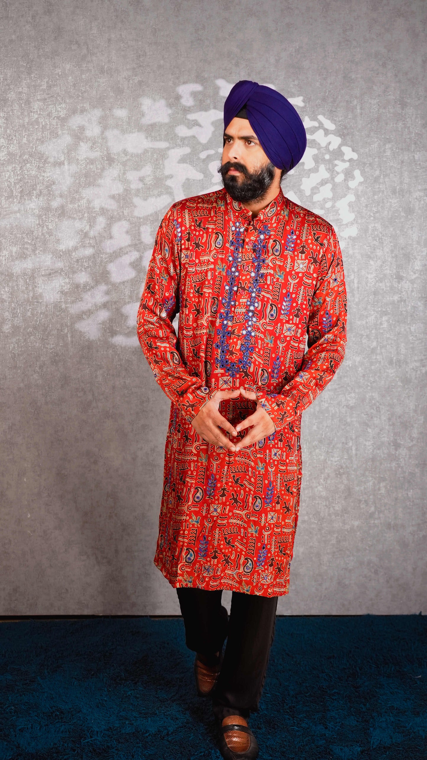 Red Ajrakh Embroidered Silk Kurta Set
